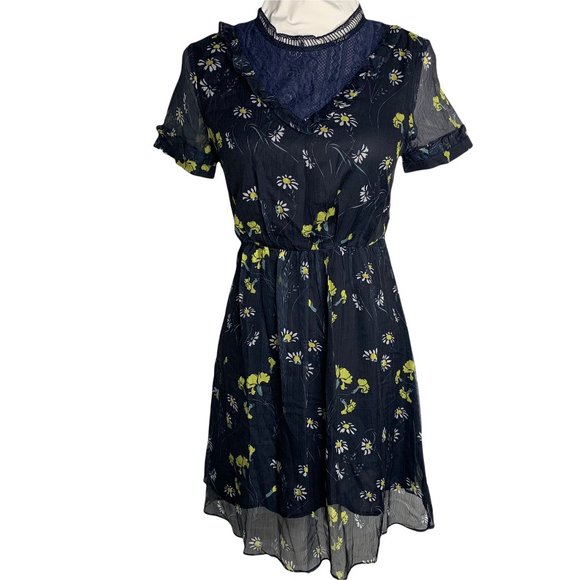 EzPopsy Dresses & Skirts - EzPopsy Floral Skater Dress S Blue Sheer Lined Lace Side Zip Elastic Waist 26PE